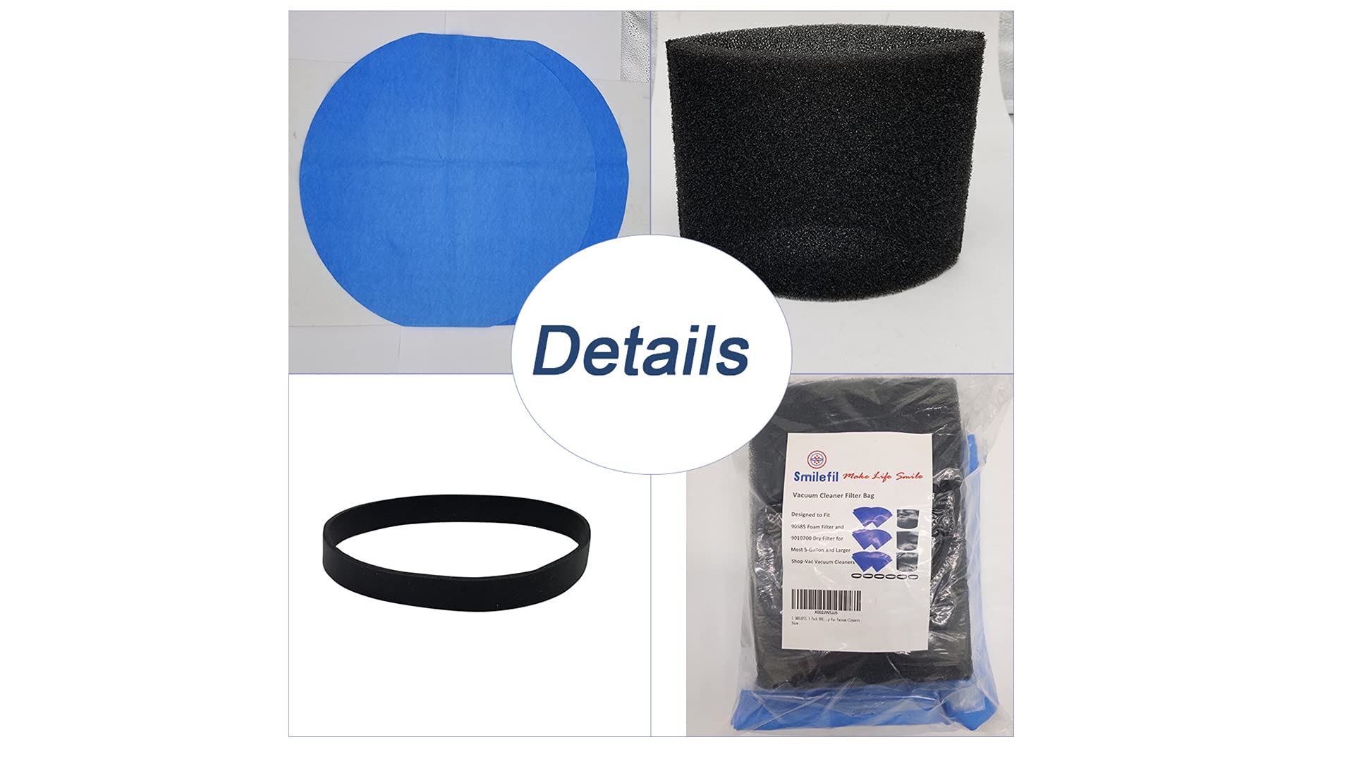 Smilefil 3 Pieces of 90585 Foam Filter Sleeves, 6 Pieces of Shop Vac Reusable 9010700 Dry Filter Disc Bags & 6 Retaining Bands, for Most Shop-Vac Wet/Dry Shop Vacuum Cleaners