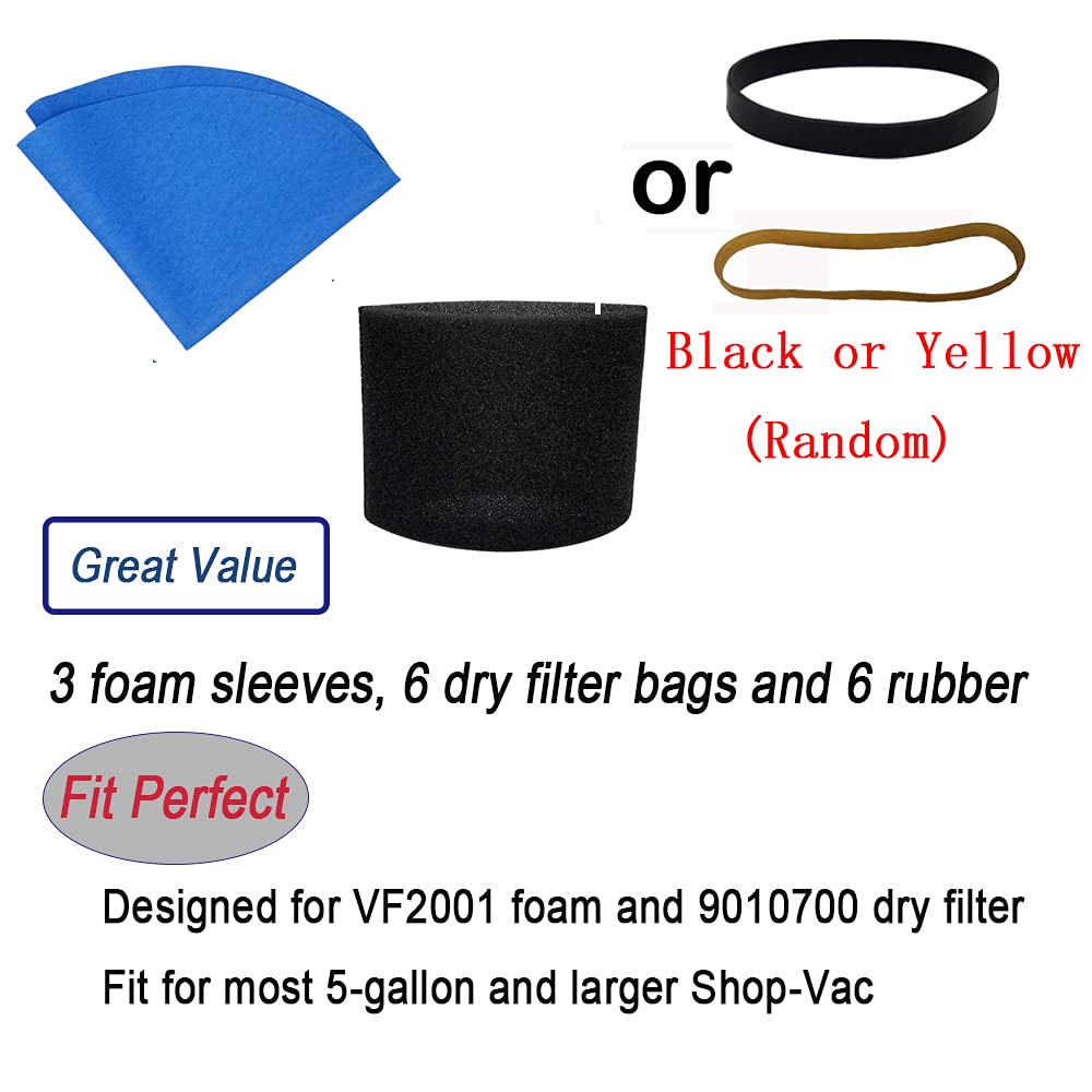 Smilefil 3 Pieces of 90585 Foam Filter Sleeves, 6 Pieces of Shop Vac Reusable 9010700 Dry Filter Disc Bags & 6 Retaining Bands, for Most Shop-Vac Wet/Dry Shop Vacuum Cleaners