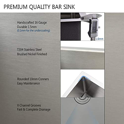 Stainless Steel Undermount Bar Sink, BoomHoze 15 x 17 Inches Small Wet Bar Sink Undermount 16 Gauge SUS304 Brushed Nickel Single Bowl Outdoor Bar Sink