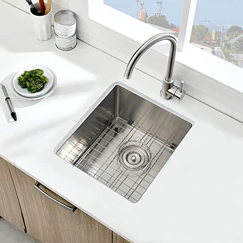 Stainless Steel Undermount Bar Sink, BoomHoze 15 x 17 Inches Small Wet Bar Sink Undermount 16 Gauge SUS304 Brushed Nickel Single Bowl Outdoor Bar Sink