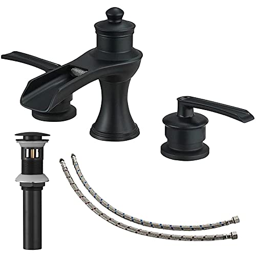 BATHLAVISH Matte Black Bathroom Faucet 3 Hole Waterfall Widespread with Pop Up Drain Farmhouse 8 Inch 2-Handle with Overflow Vanity Sink Lavatory Matte 3 Piece Set