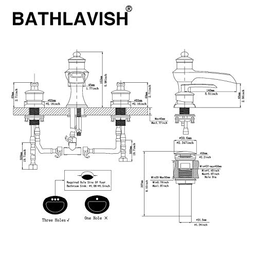 BATHLAVISH Matte Black Bathroom Faucet 3 Hole Waterfall Widespread with Pop Up Drain Farmhouse 8 Inch 2-Handle with Overflow Vanity Sink Lavatory Matte 3 Piece Set