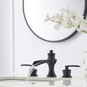 BATHLAVISH Matte Black Bathroom Faucet 3 Hole Waterfall Widespread with Pop Up Drain Farmhouse 8 Inch 2-Handle with Overflow Vanity Sink Lavatory Matte 3 Piece Set