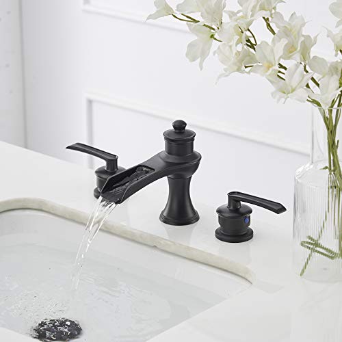 BATHLAVISH Matte Black Bathroom Faucet 3 Hole Waterfall Widespread with Pop Up Drain Farmhouse 8 Inch 2-Handle with Overflow Vanity Sink Lavatory Matte 3 Piece Set