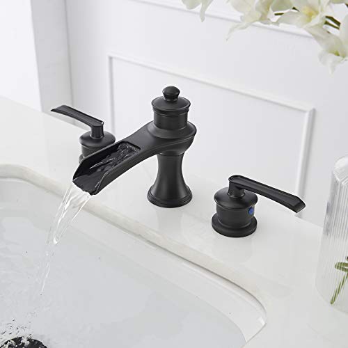 BATHLAVISH Matte Black Bathroom Faucet 3 Hole Waterfall Widespread with Pop Up Drain Farmhouse 8 Inch 2-Handle with Overflow Vanity Sink Lavatory Matte 3 Piece Set