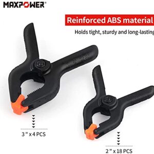 MAXPOWER 22-pieces Spring Clamps, 2-inch Clamps x 18 PCS, 3-inch Clamps x 4 PCS, Plastic Small Mini Clamps for Woodworking Assembly and Photography Backdrop