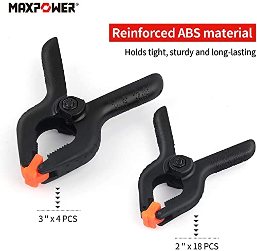 MAXPOWER 22-pieces Spring Clamps, 2-inch Clamps x 18 PCS, 3-inch Clamps x 4 PCS, Plastic Small Mini Clamps for Woodworking Assembly and Photography Backdrop