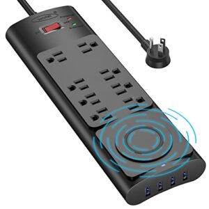 power strip with wireless charger, bototek power strip surge protector (2980 joules) wireless charger with 8 ac outlets and 4 usb ports,1875w/15a, 6 ft extension cord (8 outlets)
