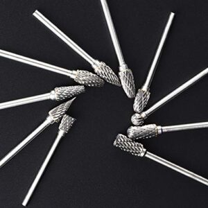 Rotary Burr Set, 10pcs Tungsten Carbide Rotary Burrs Set Double Cut Points Files Grinder Fit Rotary Tool for Engraving Wood Working Carving Polishing and Drilling, 1/8" Bit Shank 1/4” Head Size