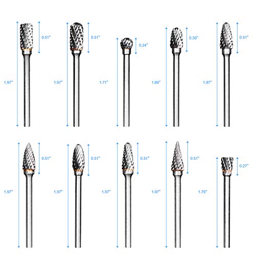 Rotary Burr Set, 10pcs Tungsten Carbide Rotary Burrs Set Double Cut Points Files Grinder Fit Rotary Tool for Engraving Wood Working Carving Polishing and Drilling, 1/8" Bit Shank 1/4” Head Size