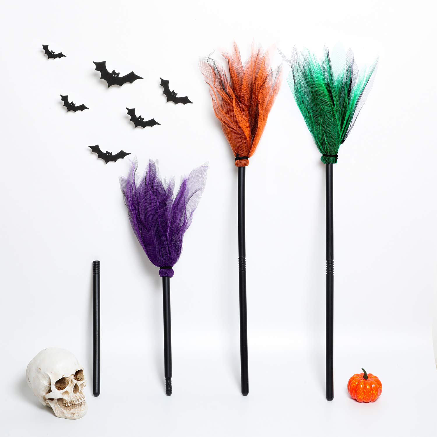3 Pieces Halloween Witch Broom Plastic Witch Broomstick Kids Broom Props Witch Broom Party Decoration for Halloween Costume Decoration, 3 Colors (Green, Purple, Orange)