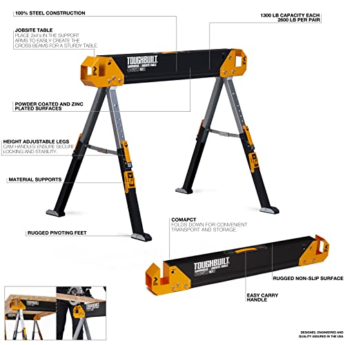 ToughBuilt - Folding Sawhorse/Jobsite Table - Sturdy, Durable, Lightweight, Heavy-Duty, 100% High Grade Steel, 1300lb Capacity, Pivoting Feet, Adjustable Height Legs - (TB-C650) - 2 Pack