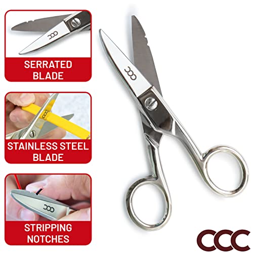 Electrician Scissors with Notches and Carrying Pouch, Professional Heavy-Duty Stainless Steel Electrical Shears for Right or Left-Handed Use | Multi-purpose Snips Cut, Strip File and Scrape