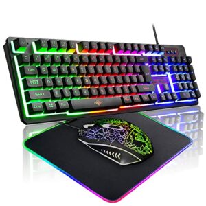 felicon wired gaming keyboard and mouse combo & 10 rgb mouse pad set waterproof 104 keys rainbow backlight mechanical feel keyboard and crack glowing mouse for laptop pc computer gaming and work