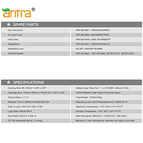 Antra True Color Top Optical 1/1/1/1 Wide Shade 3/5-14 Large Viewing 9.65 SQI Digital Solar Power Auto Darkening Welding Helmet DP6-18 Quick Grind Button TIG MIG/MAG MMA Plasma 6+1 Extra Lens Covers