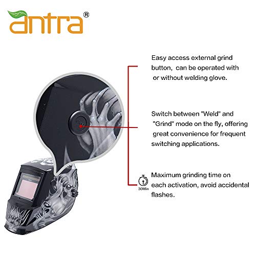 Antra True Color Top Optical 1/1/1/1 Wide Shade 3/5-14 Large Viewing 9.65 SQI Digital Solar Power Auto Darkening Welding Helmet DP6-18 Quick Grind Button TIG MIG/MAG MMA Plasma 6+1 Extra Lens Covers