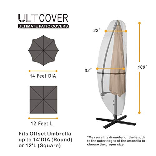 ULTCOVER Patio Umbrella Parasol Cover - 600D Waterproof Outdoor Offset Banana Style Umbrella Cover - Fits Cantilever Offset Umbrella 12-14 Feet, Black