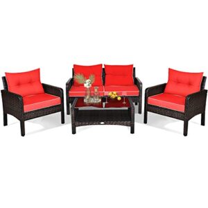 happygrill 4-piece patio furniture set outdoor rattan wicker sofa set with cushions & coffee table, conversation sofa set with tempered glass table top and storage shelf