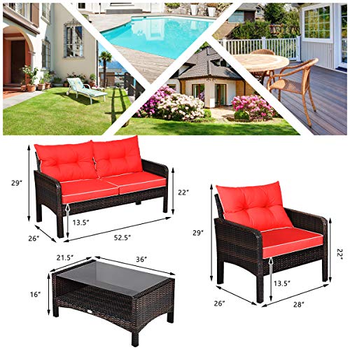 HAPPYGRILL 4-Piece Patio Furniture Set Outdoor Rattan Wicker Sofa Set with Cushions & Coffee Table, Conversation Sofa Set with Tempered Glass Table Top and Storage Shelf