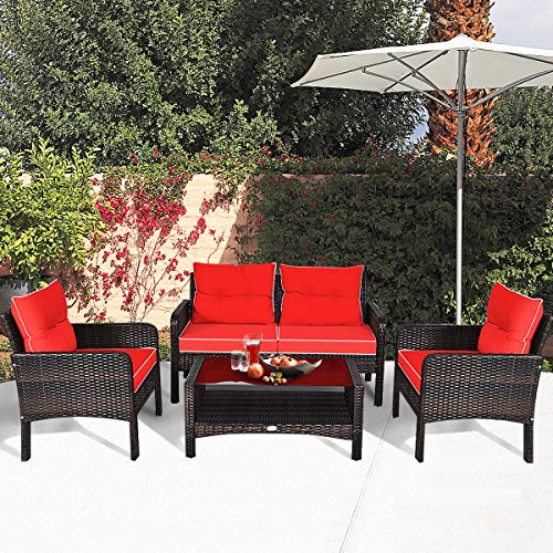 HAPPYGRILL 4-Piece Patio Furniture Set Outdoor Rattan Wicker Sofa Set with Cushions & Coffee Table, Conversation Sofa Set with Tempered Glass Table Top and Storage Shelf