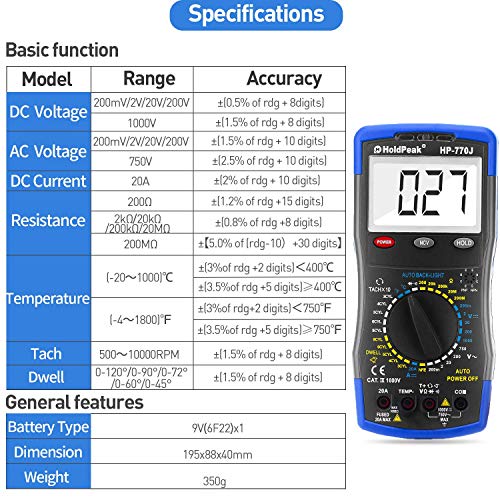 Digital Multimeter HP-770J Automotive Multimeter Engine Analyser Manual Ranging NCV Multi Tester Voltmeter Measure Voltage+Current+Resistance+Temp+RPM+Dwell Angle with Data Hold+Backlight+Auto Off+℃/℉