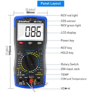 Digital Multimeter HP-770J Automotive Multimeter Engine Analyser Manual Ranging NCV Multi Tester Voltmeter Measure Voltage+Current+Resistance+Temp+RPM+Dwell Angle with Data Hold+Backlight+Auto Off+℃/℉