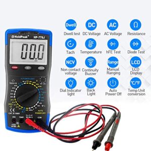 Digital Multimeter HP-770J Automotive Multimeter Engine Analyser Manual Ranging NCV Multi Tester Voltmeter Measure Voltage+Current+Resistance+Temp+RPM+Dwell Angle with Data Hold+Backlight+Auto Off+℃/℉