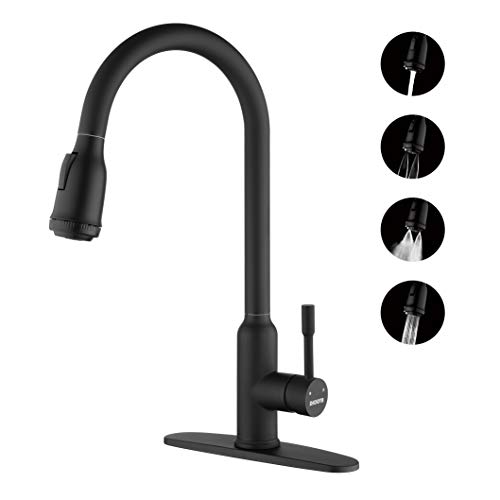 DICOYA Kitchen Faucets with Pull Down Sprayer, 4 Function Sprayer, Power Rinsing, Easy Clean, Water Saving, 304 Stainless Steel, Kitchen Sink Faucet, Single Lever, Gooseneck, Deck Plate, Black Matte