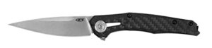 zero tolerance 0707 folding knife, cpm 20cv blade steel, tuned detent system for smooth opening, 3.5 inch drop point blade, made in the usa, carbon fiber