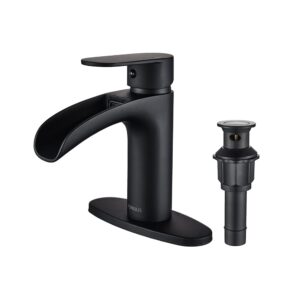 forious matte black bathroom faucet single handle with metal pop-up drain stopper, 6" single hole waterfall bathroom faucet with supply line, rv bathroom sink faucet black, black lavatory tap one hole