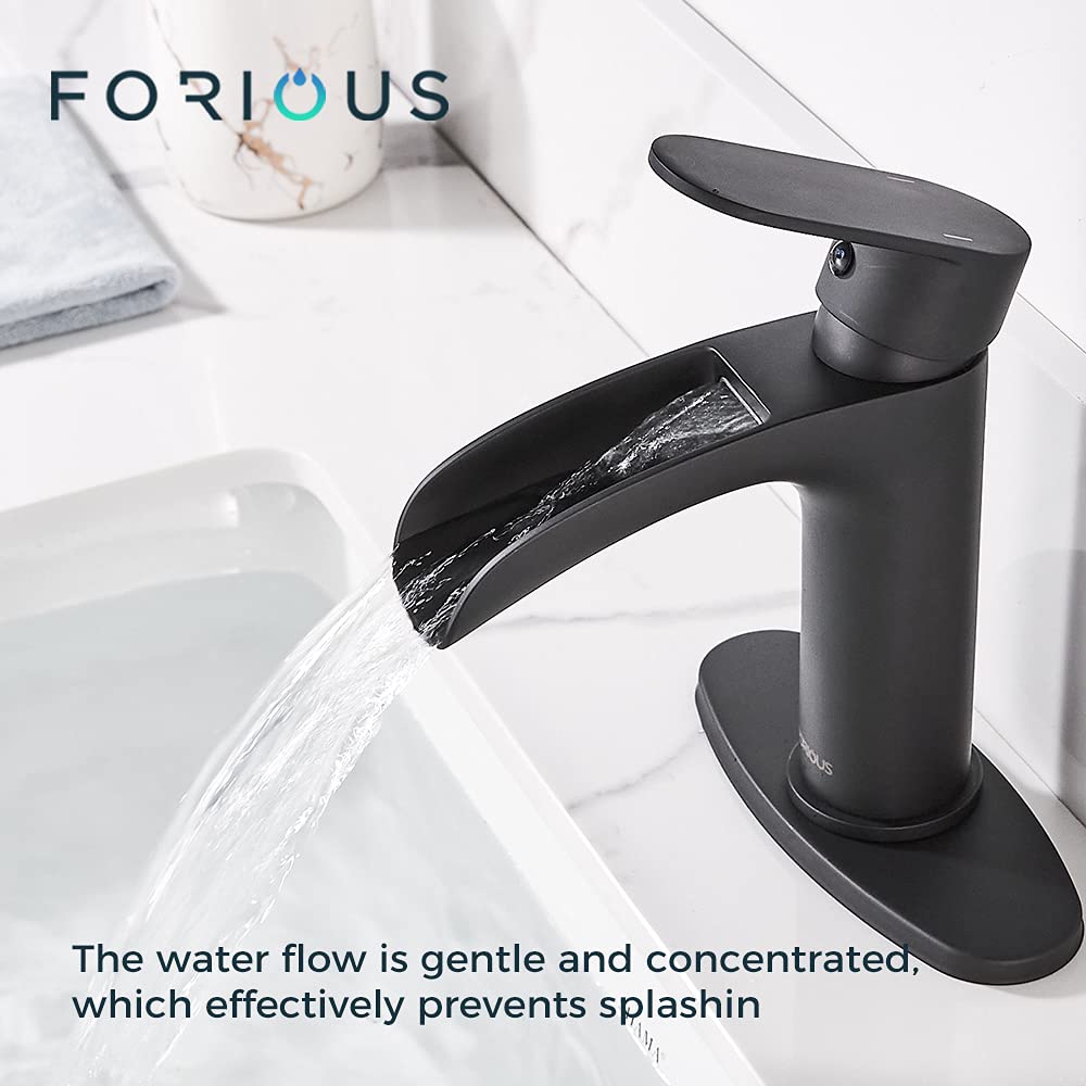 FORIOUS Matte Black Bathroom Faucet Single Handle with Metal Pop-up Drain Stopper, 6" Single Hole Waterfall Bathroom Faucet with Supply Line, RV Bathroom Sink Faucet Black, Black Lavatory Tap one Hole