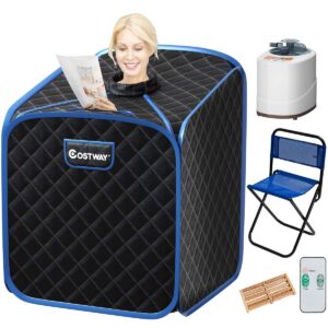 costway portable steam sauna, 2l folding home spa sauna tent for weight loss, detox relaxation at home, personal sauna with 9 temperature levels, timer, remote control, foldable chair (black)