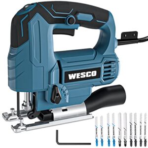 wesco 4.5amp electric jig saw tool with 6 variable speeds, 4 orbital sets, ±45° bevel cutting, max cutting depth 2-1/2inch, 0-3000spm, with 10pcs blades for metal pvc ceramic wood cutting