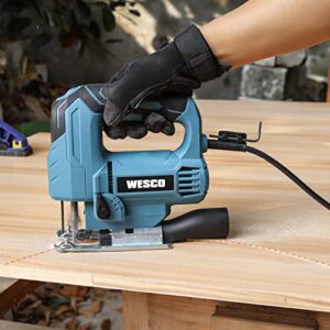 WESCO 4.5Amp Electric Jig Saw Tool with 6 Variable Speeds, 4 Orbital Sets, ±45° Bevel Cutting, Max Cutting Depth 2-1/2inch, 0-3000SPM, with 10PCS Blades for Metal PVC Ceramic Wood Cutting