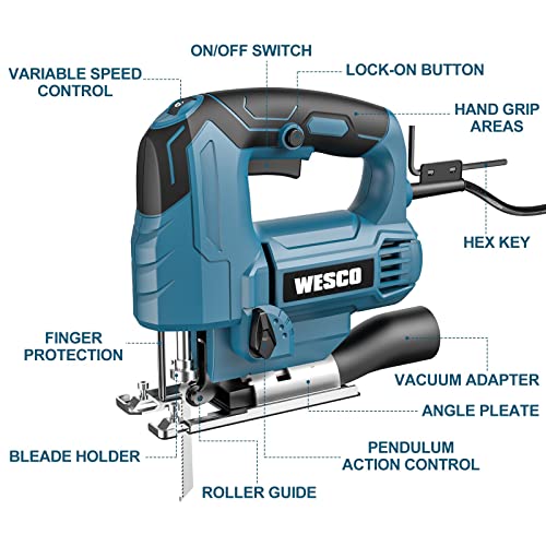 WESCO 4.5Amp Electric Jig Saw Tool with 6 Variable Speeds, 4 Orbital Sets, ±45° Bevel Cutting, Max Cutting Depth 2-1/2inch, 0-3000SPM, with 10PCS Blades for Metal PVC Ceramic Wood Cutting