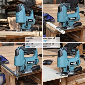 WESCO 4.5Amp Electric Jig Saw Tool with 6 Variable Speeds, 4 Orbital Sets, ±45° Bevel Cutting, Max Cutting Depth 2-1/2inch, 0-3000SPM, with 10PCS Blades for Metal PVC Ceramic Wood Cutting