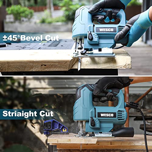 WESCO 4.5Amp Electric Jig Saw Tool with 6 Variable Speeds, 4 Orbital Sets, ±45° Bevel Cutting, Max Cutting Depth 2-1/2inch, 0-3000SPM, with 10PCS Blades for Metal PVC Ceramic Wood Cutting