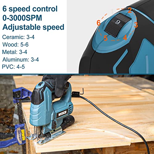 WESCO 4.5Amp Electric Jig Saw Tool with 6 Variable Speeds, 4 Orbital Sets, ±45° Bevel Cutting, Max Cutting Depth 2-1/2inch, 0-3000SPM, with 10PCS Blades for Metal PVC Ceramic Wood Cutting