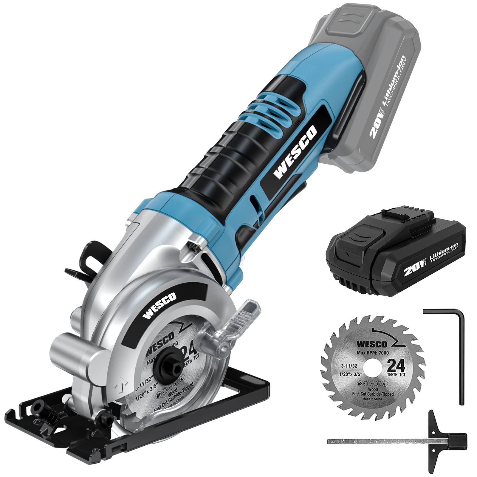 Circular Saw, WESCO 20V 3-3/8 Inch Cordless Mini Circular Saw with 2.0Ah Battery and Fast Charger, MAX Cutting Depth 1-1/8 Inch, Parallel Guide and Hex Key, 24T TCT blade for Wood, Soft Metal Cuts