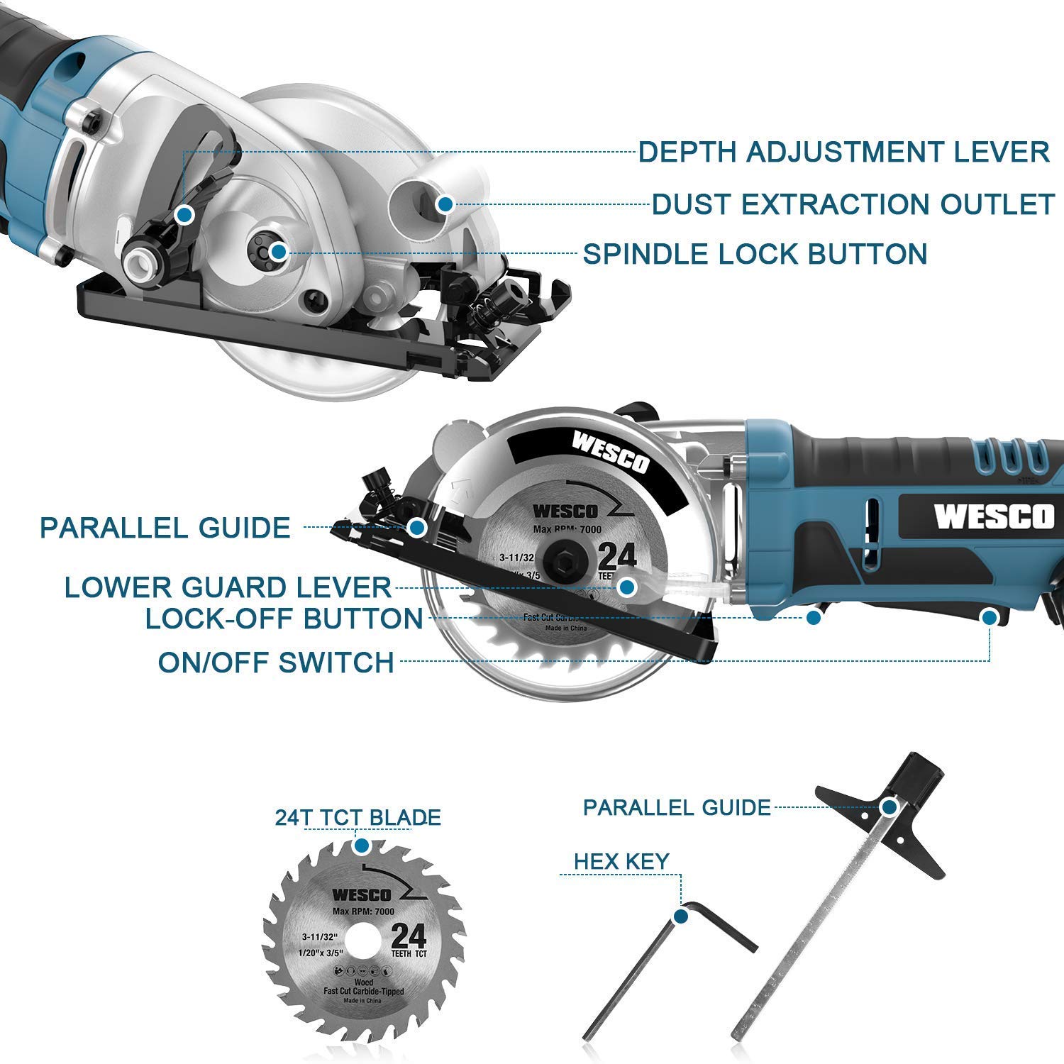 Circular Saw, WESCO 20V 3-3/8 Inch Cordless Mini Circular Saw with 2.0Ah Battery and Fast Charger, MAX Cutting Depth 1-1/8 Inch, Parallel Guide and Hex Key, 24T TCT blade for Wood, Soft Metal Cuts