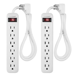 clear power 6 outlet power strip 3 ft power cord, low-profile flat plug, 3-prong grounded, white, 15 amp circuit breaker, 2 pack, dc3s-00222p-dc