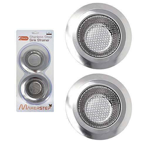 Makerstep 2 Pack of Stainless Steel Sink Drain Strainer Baskets 4.5 Inch Diameter. Kitchen Stopper. for Dishes, Garbage Disposal, Large Wide Rim Prevents Clogged Drains Catcher. Fine Mesh.