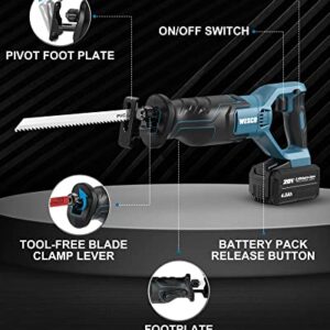 WESCO 20V Cordless Reciprocating Saw, 4.0Ah Li-ion Battery, 0-3000SPM Variable Speed, 3/4" Stroke Length, Recip Saw for Wood Metal PVC Cutting