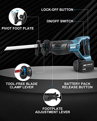 WESCO 20V Cordless Reciprocating Saw, 4.0Ah Li-ion Battery, 0-3000SPM Variable Speed, 3/4" Stroke Length, Recip Saw for Wood Metal PVC Cutting