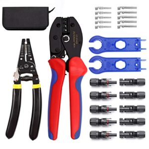 solar pv crimping tool for mc3 cable connector, with 5 pairs male female solar connector + 2pcs spanners wrench + 1pc wire stripper and cutter + 1pc wire crimper for 2.5/4/6mm² solar pv wire