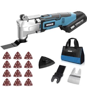 wesco 20v cordless oscillating tool kit, 2.0ah oscillating multi-tool, 3° oscillation angle, 6 variable speed 5000~20000 opm, 16pcs universal accessories kit for sanding cutting