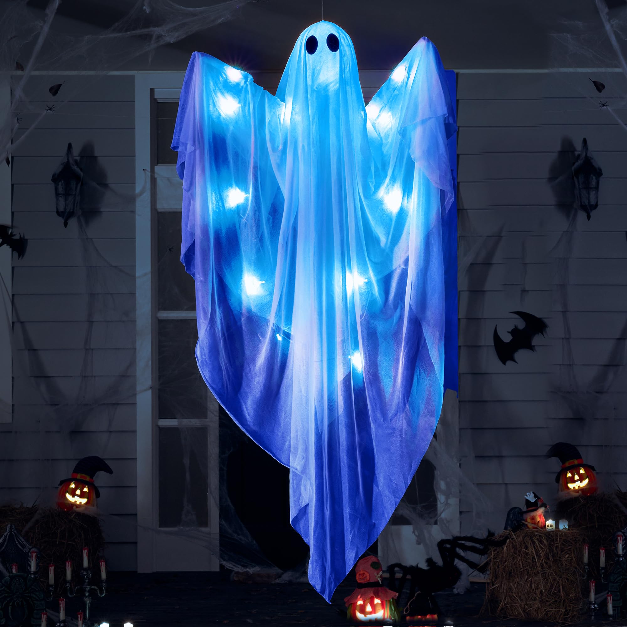 JOYIN Halloween Hanging Light up Ghost with Spooky Blue LED Light, 47” White Hanging Ghosts, Best Halloween Hanging Decoration for Front Yard Patio Lawn Garden Party Decor Indoor Outdoor