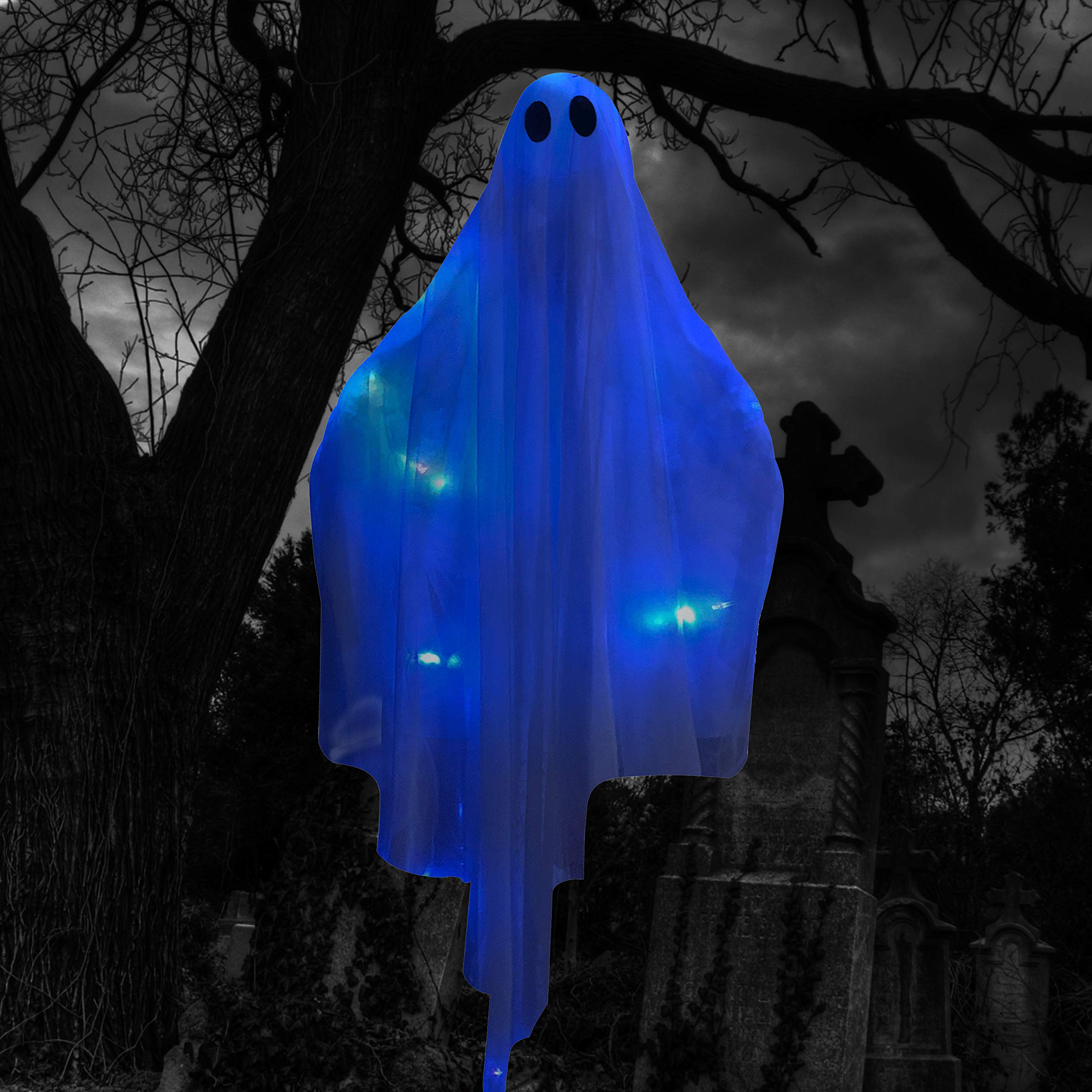 JOYIN Halloween Hanging Light up Ghost with Spooky Blue LED Light, 47” White Hanging Ghosts, Best Halloween Hanging Decoration for Front Yard Patio Lawn Garden Party Decor Indoor Outdoor