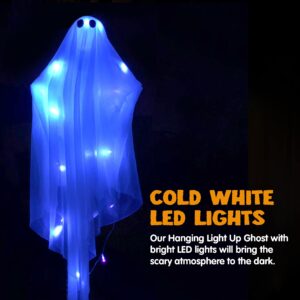 JOYIN Halloween Hanging Light up Ghost with Spooky Blue LED Light, 47” White Hanging Ghosts, Best Halloween Hanging Decoration for Front Yard Patio Lawn Garden Party Decor Indoor Outdoor
