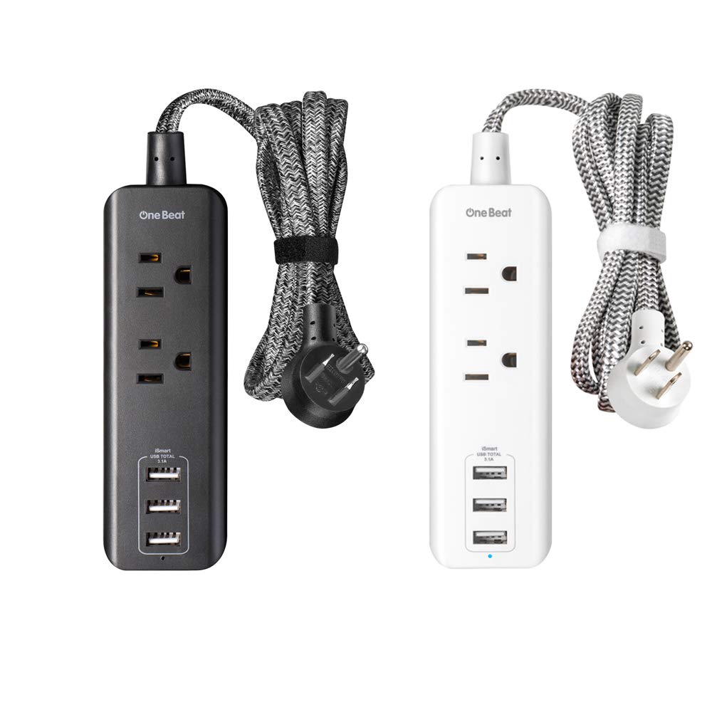 Power Strip with 3 USB Charging Ports(15W/3.1A) and 2 Outlets, Desktop Charging Station with 5 Foot Braided Extension Cord, Right Angle Flat Plug, Small for Travel Hotel, Cruise Ship, Home and Office